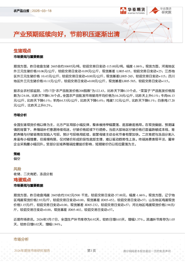 农产品日报：产业预期延续向好，节前积压逐渐出清