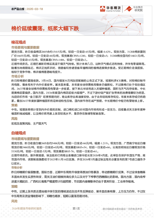 农产品日报：棉价延续震荡，纸浆大幅下跌