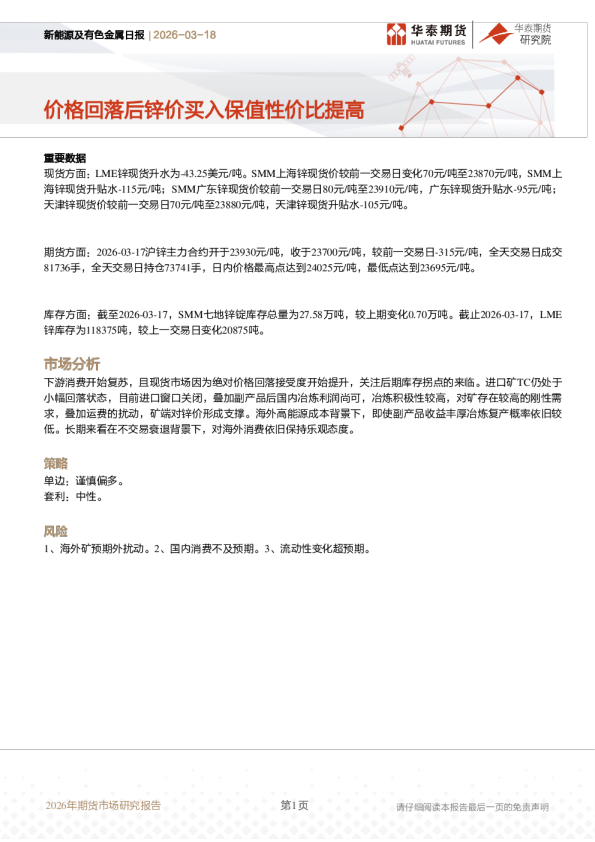 新能源及有色金属日报：价格回落后锌价买入保值性价比提高
