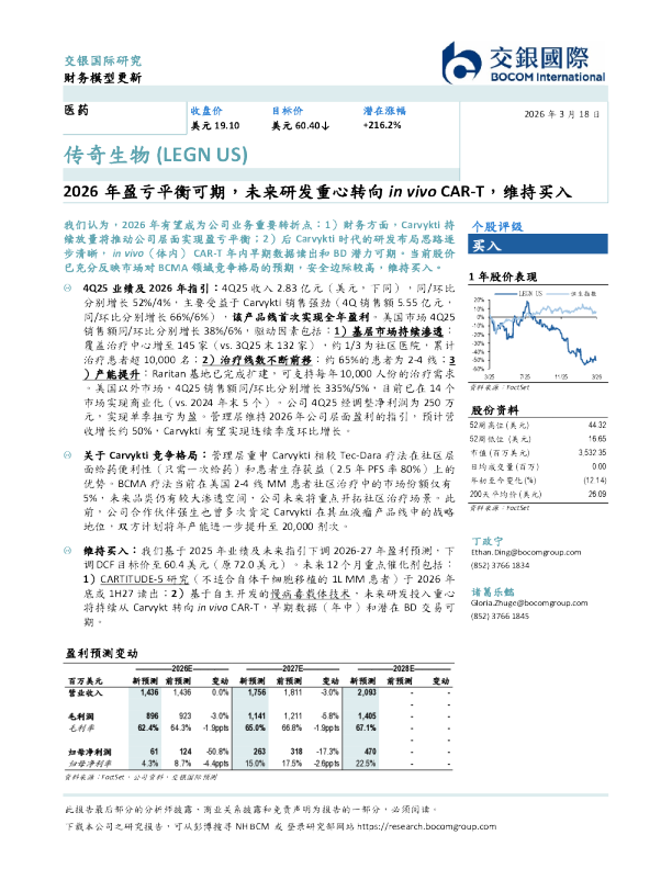 2026年盈亏平衡可期，未来研发重心转向in vivo CAR-T，维持买入