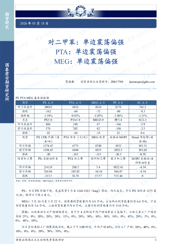 PX PTA MEG 基本面数据，对二甲苯：单边震荡偏强，PTA：单边震荡偏强，MEG：单边震荡偏强