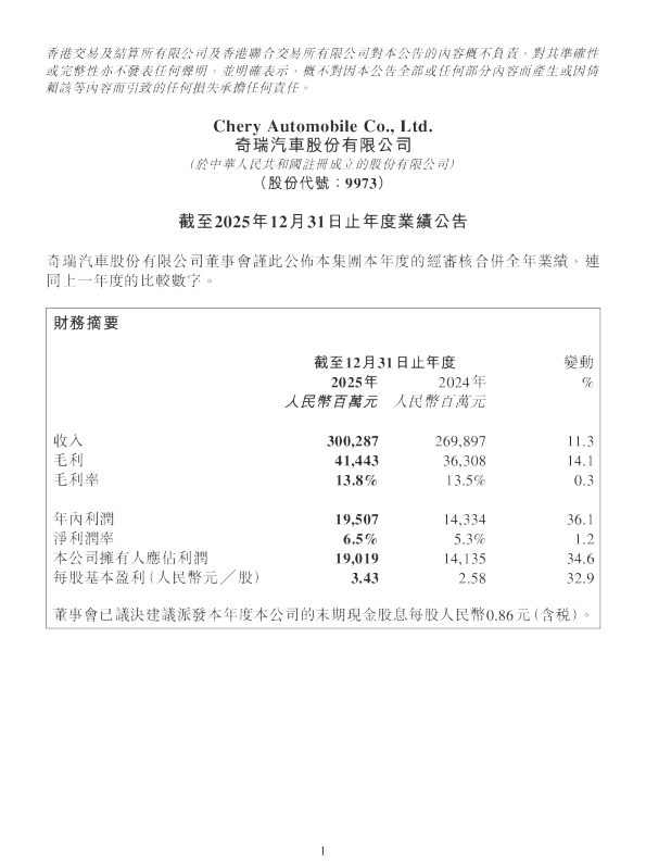 奇瑞汽车：截至2025年12月31日止年度业绩公告