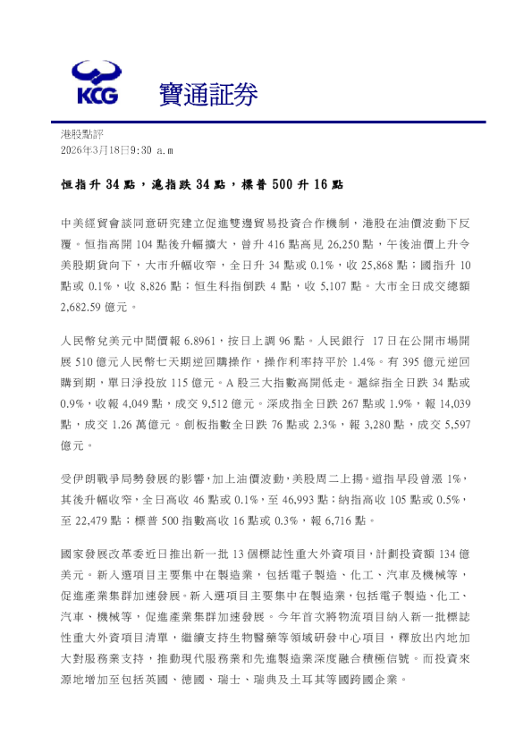 恒指升34點，滬指跌34點，標普500升16點