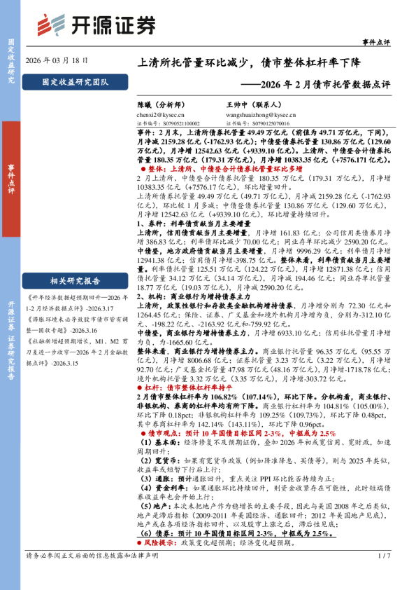 2026年2月债市托管数据点评：上清所托管量环比减少，债市整体杠杆率下降
