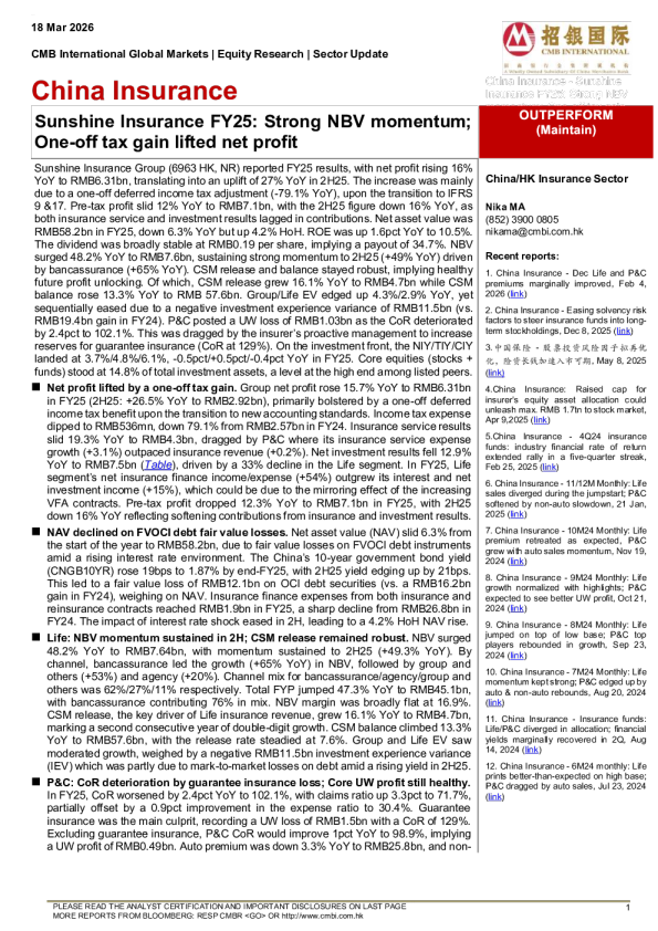 China Insurance:Sunshine Insurance FY25: Strong NBV momentum;One-off tax gain lifted net profit