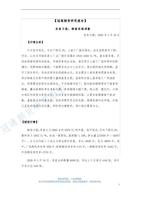 尿素日报：情绪逐渐消散