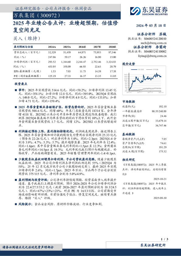 万辰集团（300972）2025 年业绩公告点评：业绩超预期，估值修复空间充足