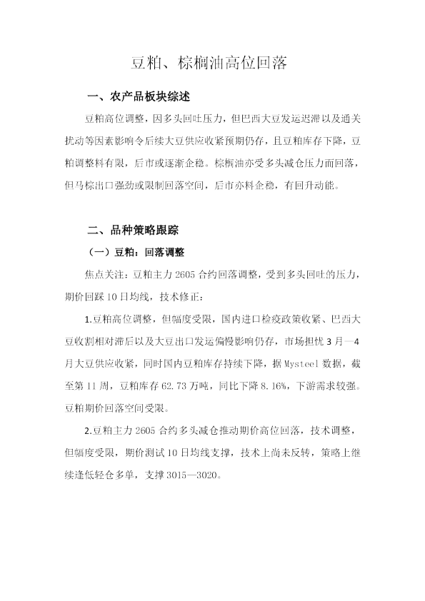豆粕、棕榈油高位回落