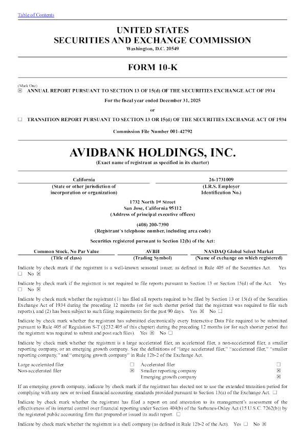 Avidbank Holdings Inc 2025年度报告