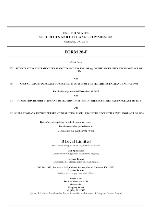 DLocal Ltd-A 2026年年度报告和过渡报告