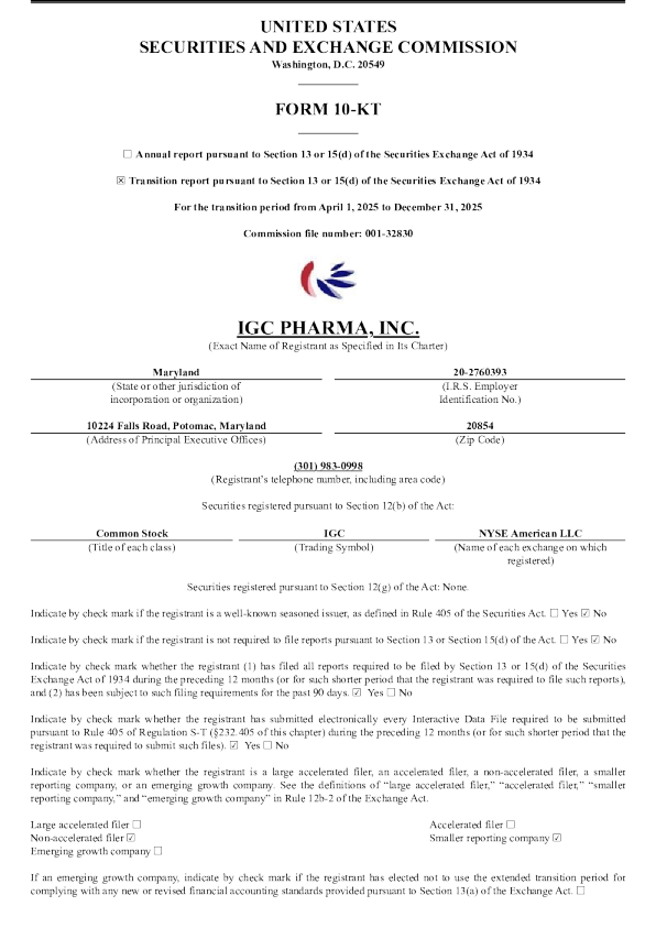 IGC Pharma Inc 2025年度报告