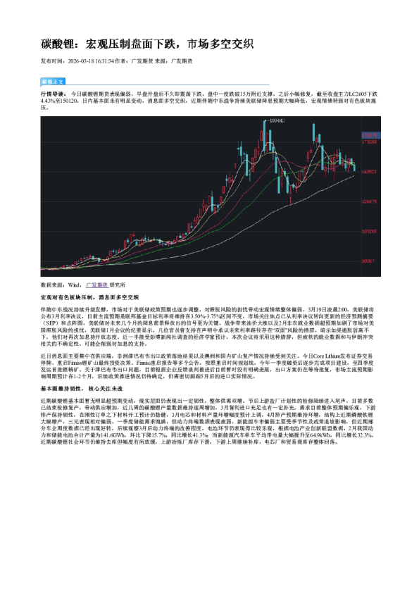 碳酸锂：宏观压制盘面下跌，市场多空交织