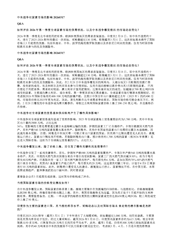 中东战争对尿素市场的影响20260318