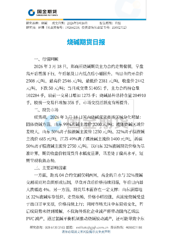 烧碱期货日报