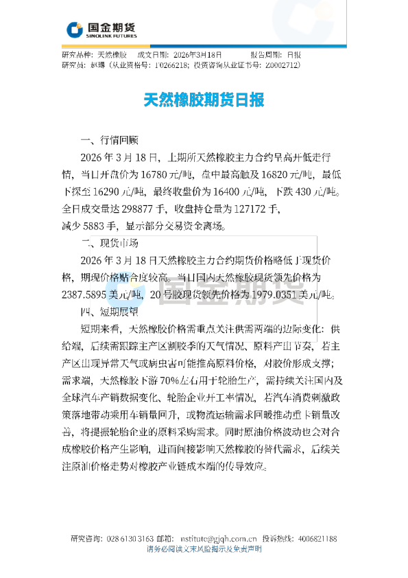 天然橡胶期货日报