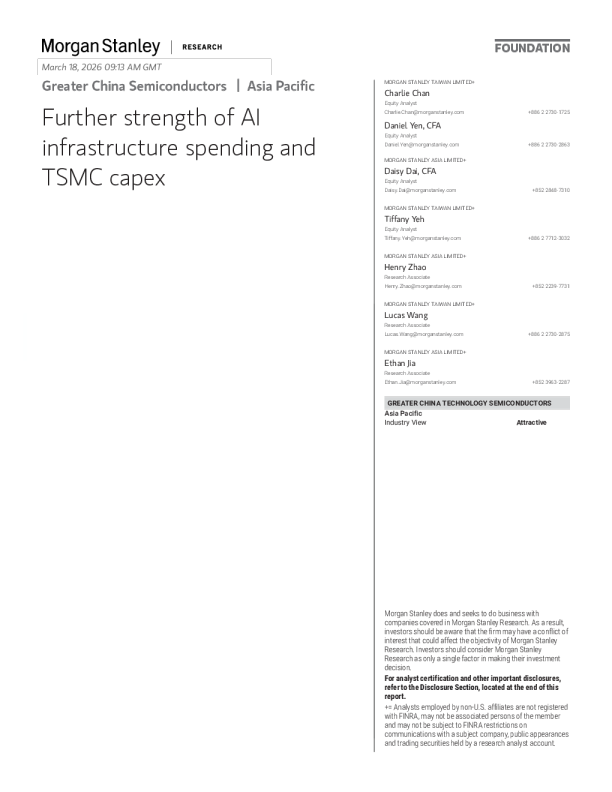 Greater China Semiconductor Asia Pacific: AI infrastructure spending and TSMC capital spending further increase