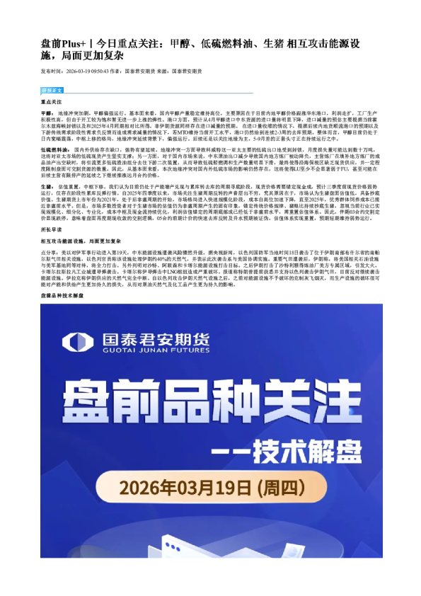 盘前Plus+｜今日重点关注：甲醇、低硫燃料油、生猪 相互攻击能源设施，局面更加复杂