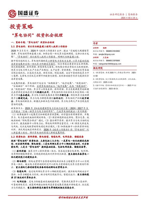投资策略：“算电协同”投资机会梳理