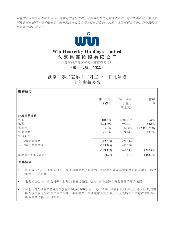 永嘉集团：截至二零二五年十二月三十一日止年度全年业绩公告