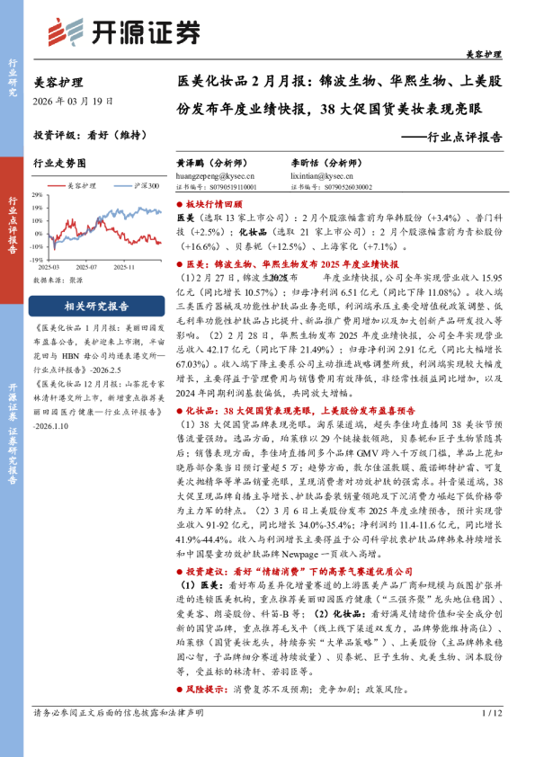 美容护理行业点评报告：医美化妆品2月月报：锦波生物、华熙生物、上美股份发布年度业绩快报，38大促国货美妆表现亮眼