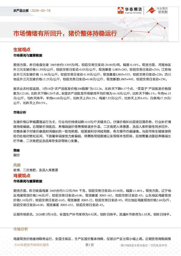 农产品日报：市场情绪有所回升，猪价整体持稳运行