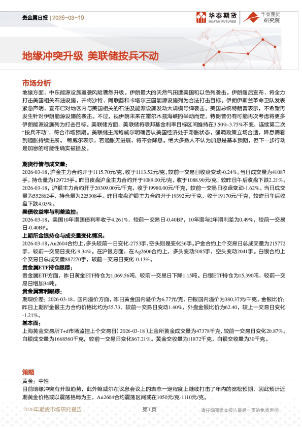 贵金属日报：地缘冲突升级 美联储按兵不动