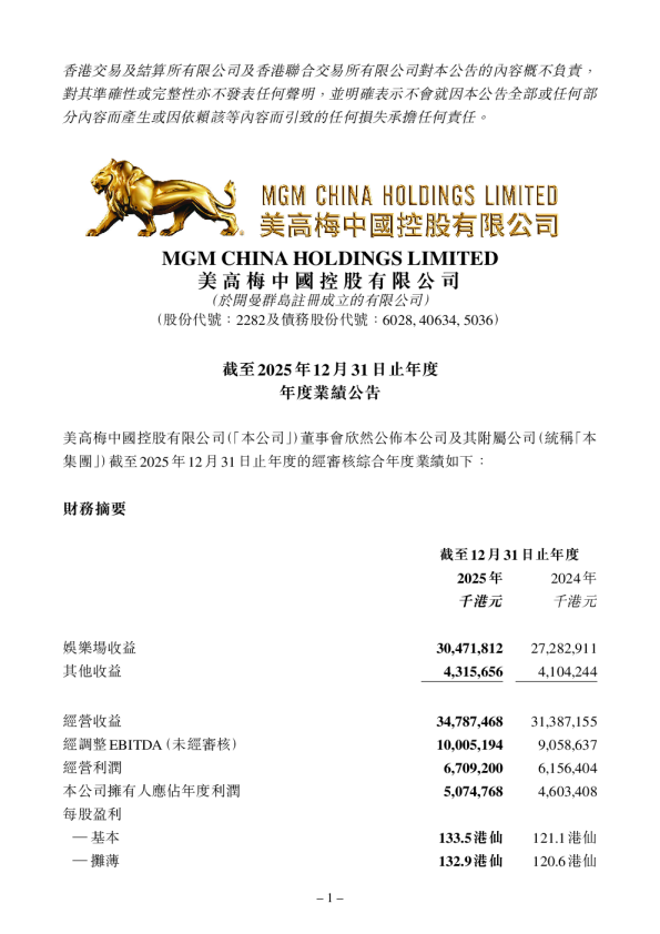 美高梅中国：截至2025年12月31日止年度年度业绩公告