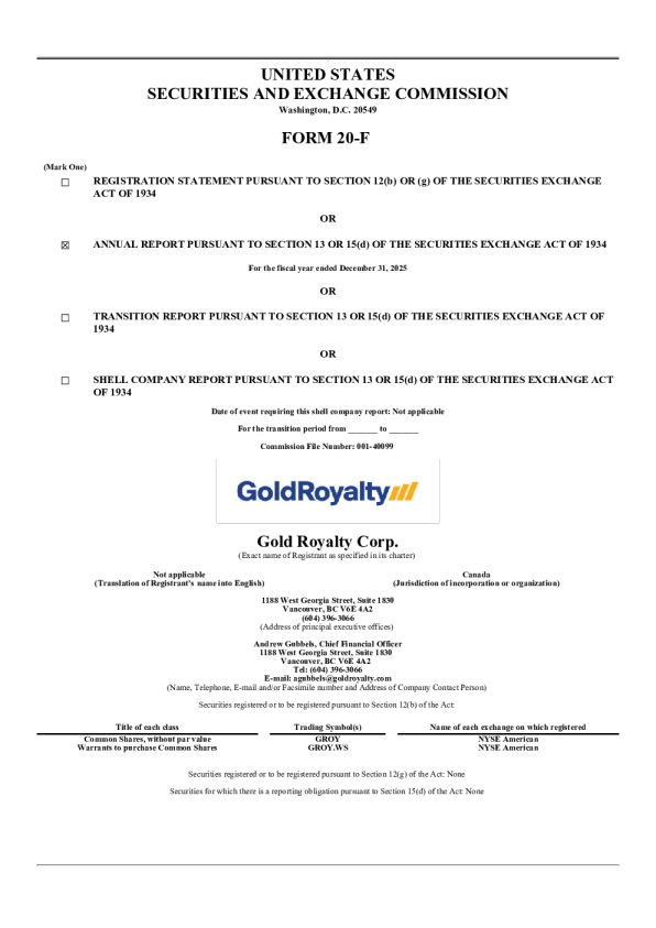 Gold Royalty Corp 2026年年度报告和过渡报告