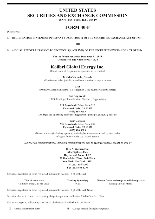 Kolibri Global Energy Inc 2025年度报告