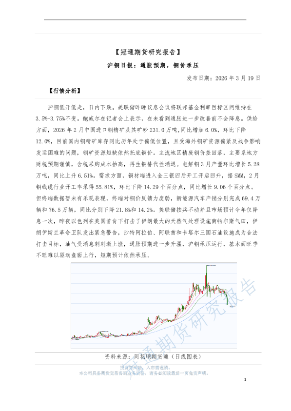 沪铜日报：通胀预期，铜价承压