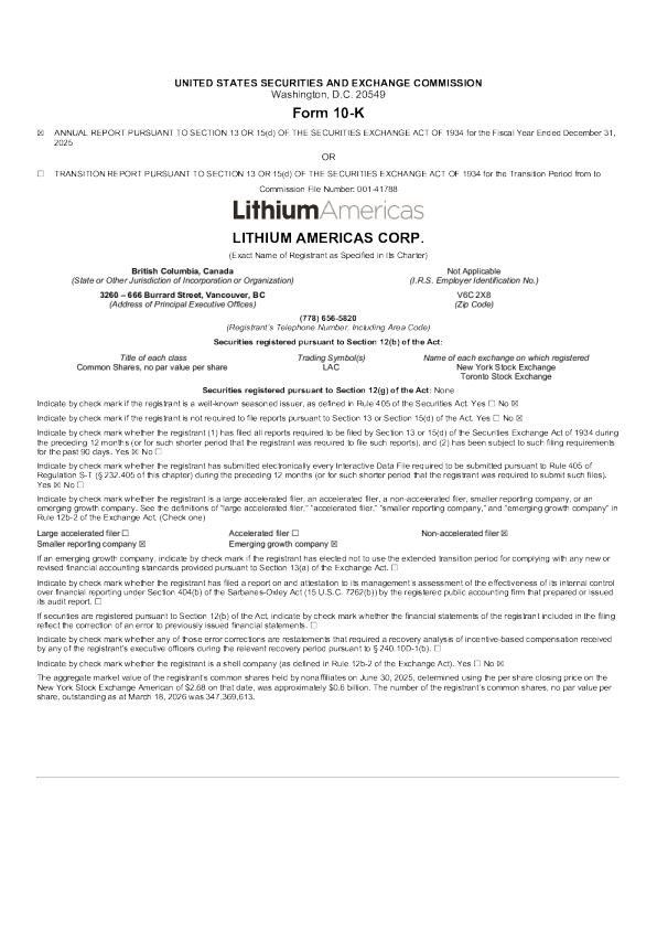 Lithium Americas Corp 2025年度报告