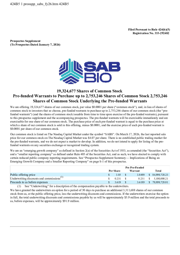 SAB Biotherapeutics Inc美股招股说明书(2026-03-19版)