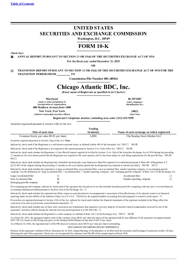 Chicago Atlantic BDC Inc 2025年度报告