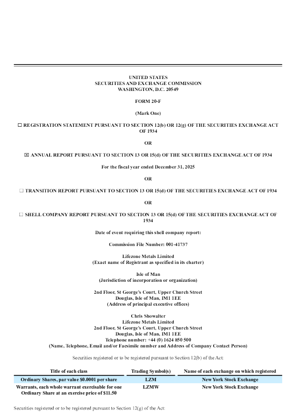 Lifezone Metals Ltd 2026年年度报告和过渡报告