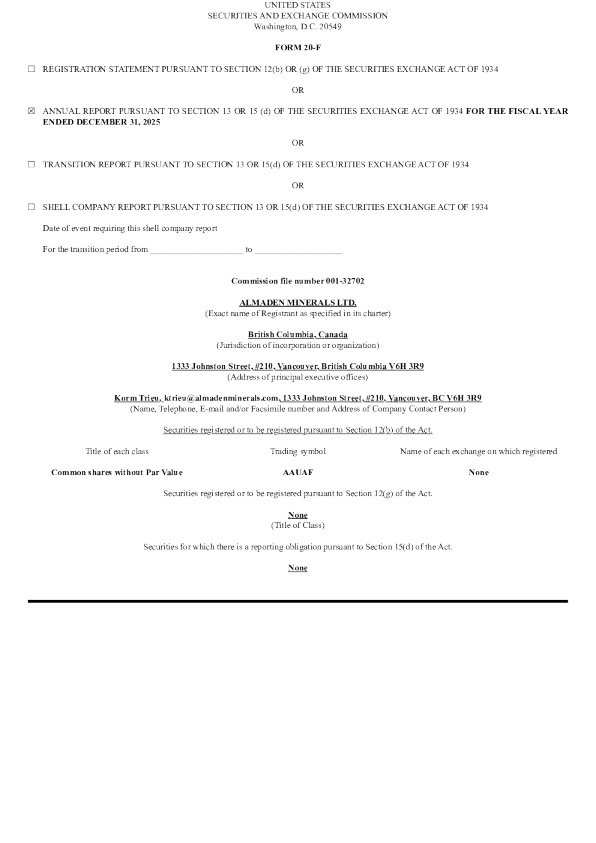 Almaden Minerals Ltd 2026年年度报告和过渡报告
