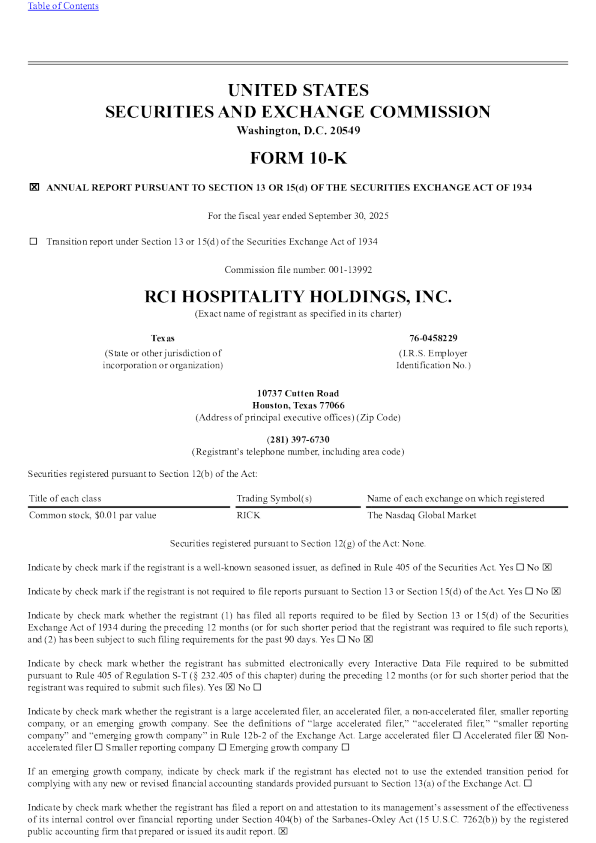 RCI Hospitality Holdings Inc 2025年度报告