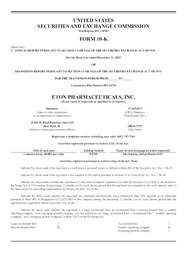 Eton Pharmaceuticals Inc 2025年度报告