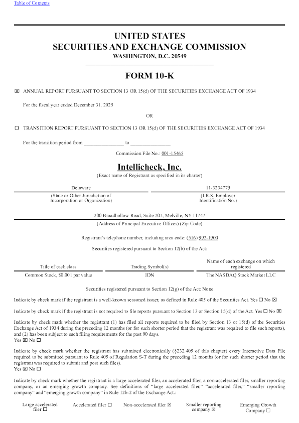 Intellicheck Inc 2025年度报告