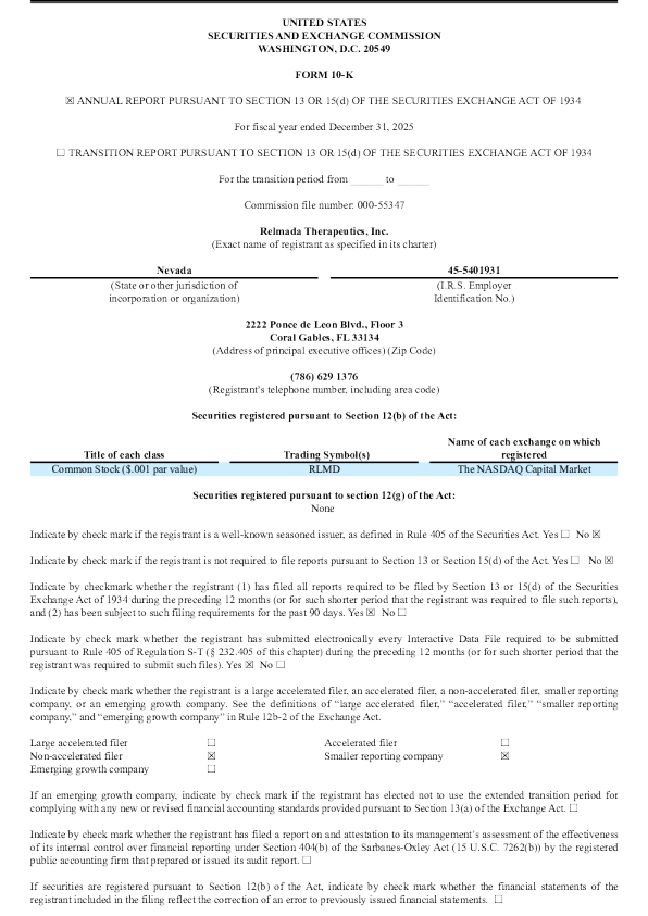 Relmada Therapeutics Inc 2025年度报告