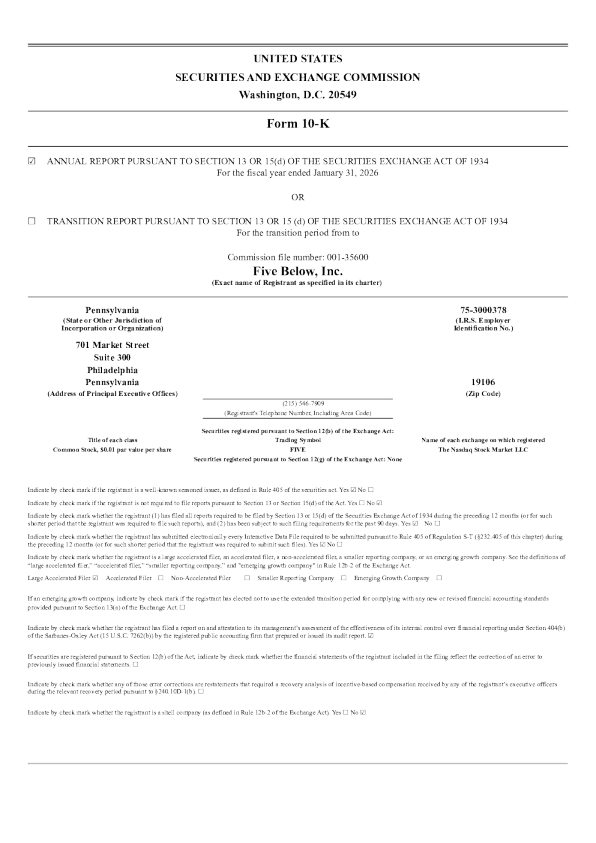 Five Below Inc 2025年度报告