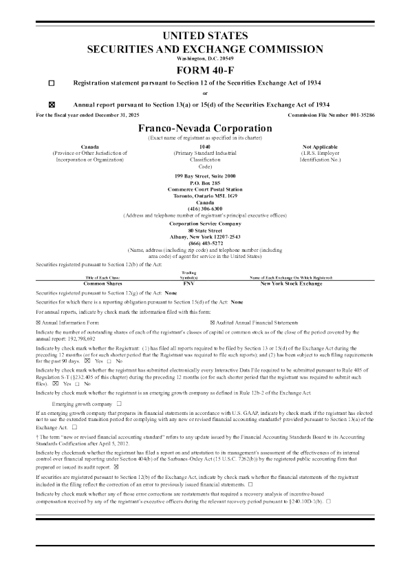 Franco-Nevada Corp 2025年度报告