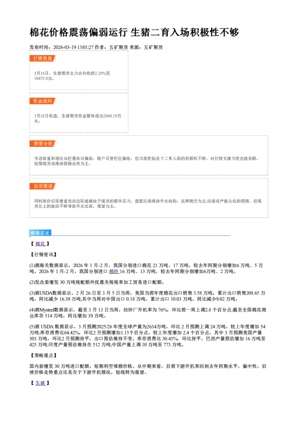 棉花价格震荡偏弱运行 生猪二育入场积极性不够