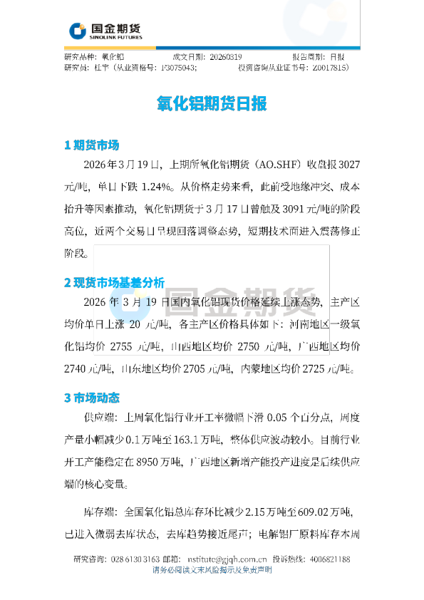 氧化铝期货日报