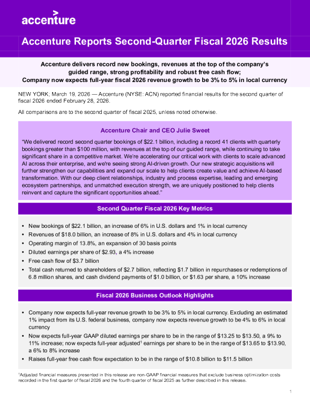埃森哲公布2026财年第二季度业绩