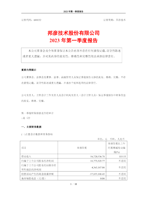 邦彦技术：2023年第一季度报告（更新后）