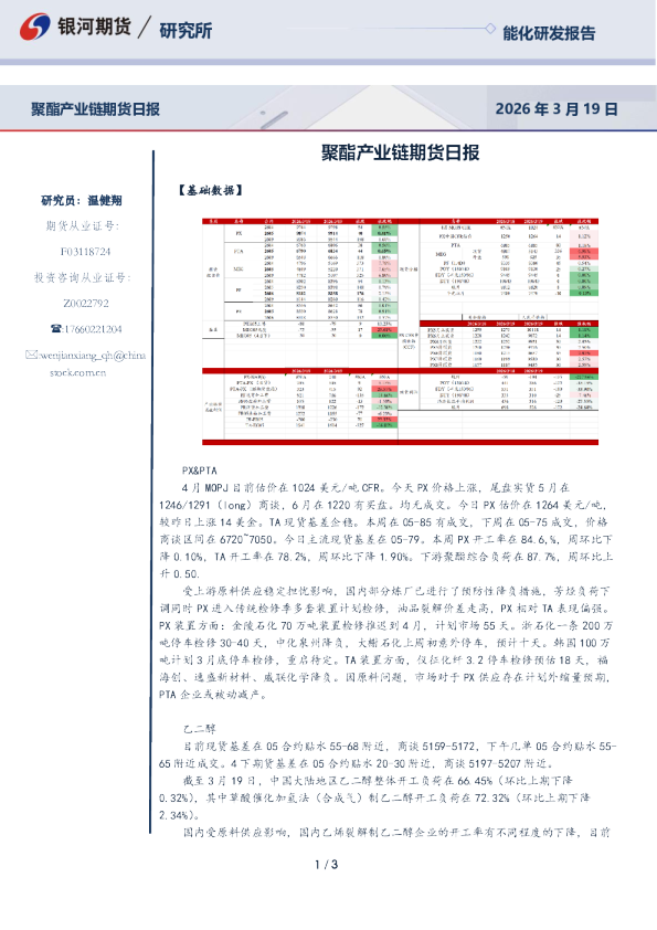 【银河期货】聚酯产业链期货日报（26-03-19）