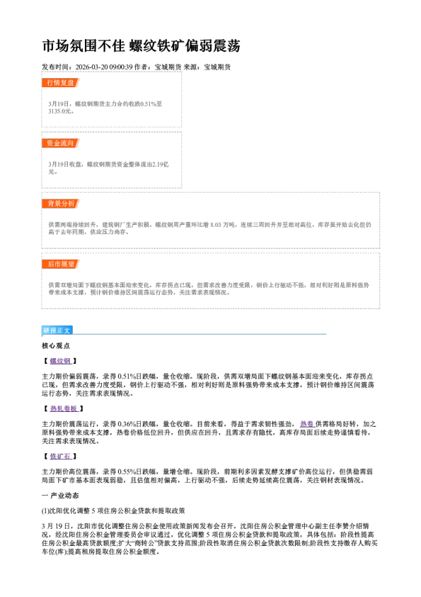 市场氛围不佳 螺纹铁矿偏弱震荡