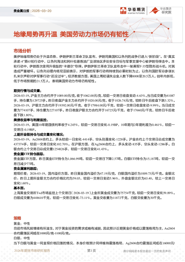 贵金属日报：地缘局势再升温 美国劳动力市场仍有韧性