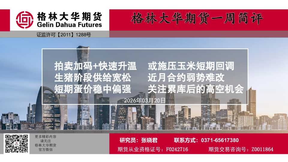 一周简评：拍卖加码+快速升温 或施压玉米短期回调 生猪阶段供给宽松 近月合约弱势难改 短期蛋价稳中偏强 关注累库后的高空机会