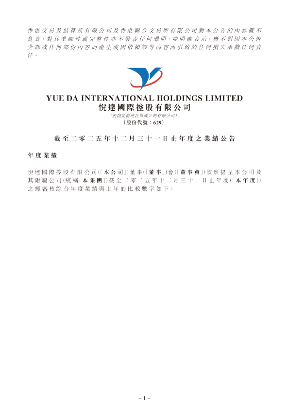 悦达国际控股:截至二零二五年十二月三十一日止年度之业绩公告